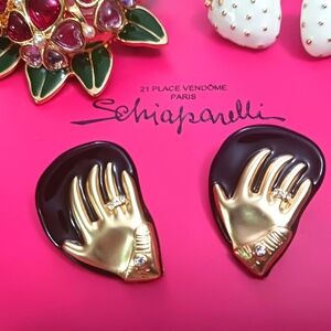 Schiaparelli Gold and Black Small Hand Earrings Retail $1295 Made In FRANCE Used